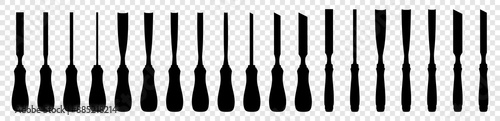 Set of chisels, carpentry hand tools for woodworking and wood carving. Stand for working with wood. Chisels isolated on transparent background. Black silhouette icon, vector illustration.