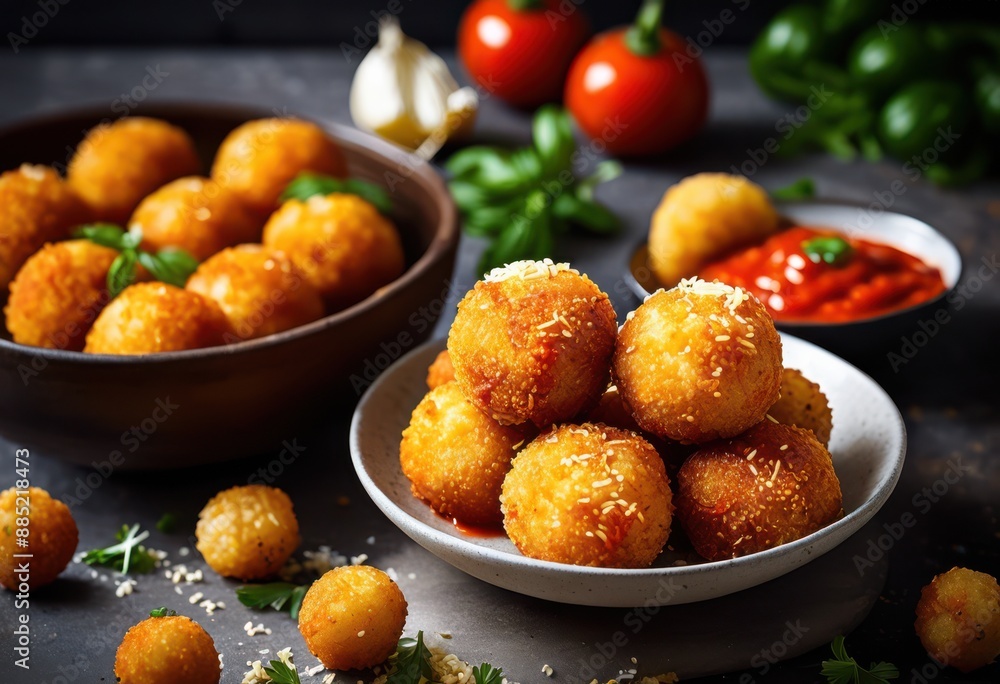 crispy arancini balls marinara dipping sauce plate, fried, italian, appetizer, tomato, savory, round, red, delicious, golden, snack, breaded, traditional crispy arancini balls marinara dipping sauce plate, fried, italian, appetizer, tomato, savory, round, red, delicious, golden, snack, breaded, traditional