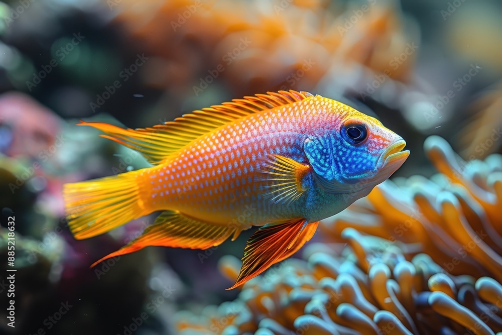 Baby Fish: A bright, colorful baby fish, swimming among coral reefs in the ocean. Baby Fish: A bright, colorful baby fish, swimming among coral reefs in the ocean.
