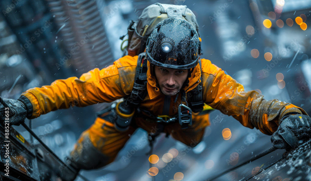 Climber Ascending Skyscraper in Snow. A climber in a yellow jacket and safety harness ascends a skyscraper in snowy conditions. Climber Ascending Skyscraper in Snow. A climber in a yellow jacket and safety harness ascends a skyscraper in snowy conditions.