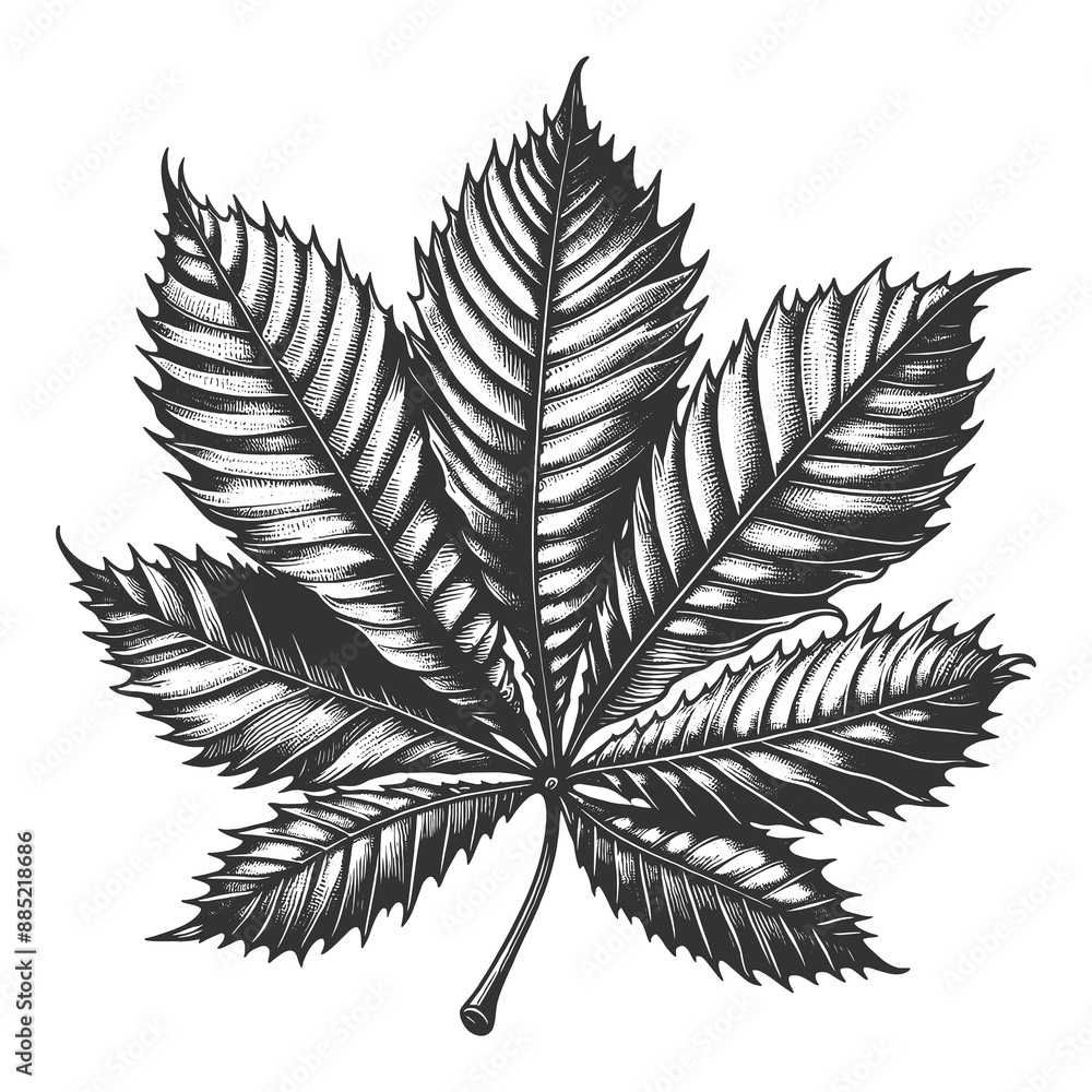 detailed chestnut leaf, showcasing intricate vein patterns and realistic texture sketch engraving generative ai fictional character raster illustration. Scratch board imitation. Black and white image. detailed chestnut leaf, showcasing intricate vein patterns and realistic texture sketch engraving generative ai fictional character raster illustration. Scratch board imitation. Black and white image.