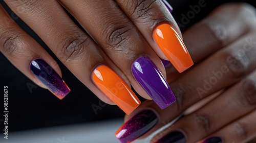 perfect manicure nails with Halloween themed purple and orange nail polish, nail salon advertisement, black woman  photo