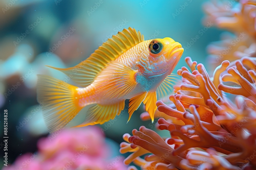 Baby Fish: A bright, colorful baby fish, swimming among coral reefs in ...