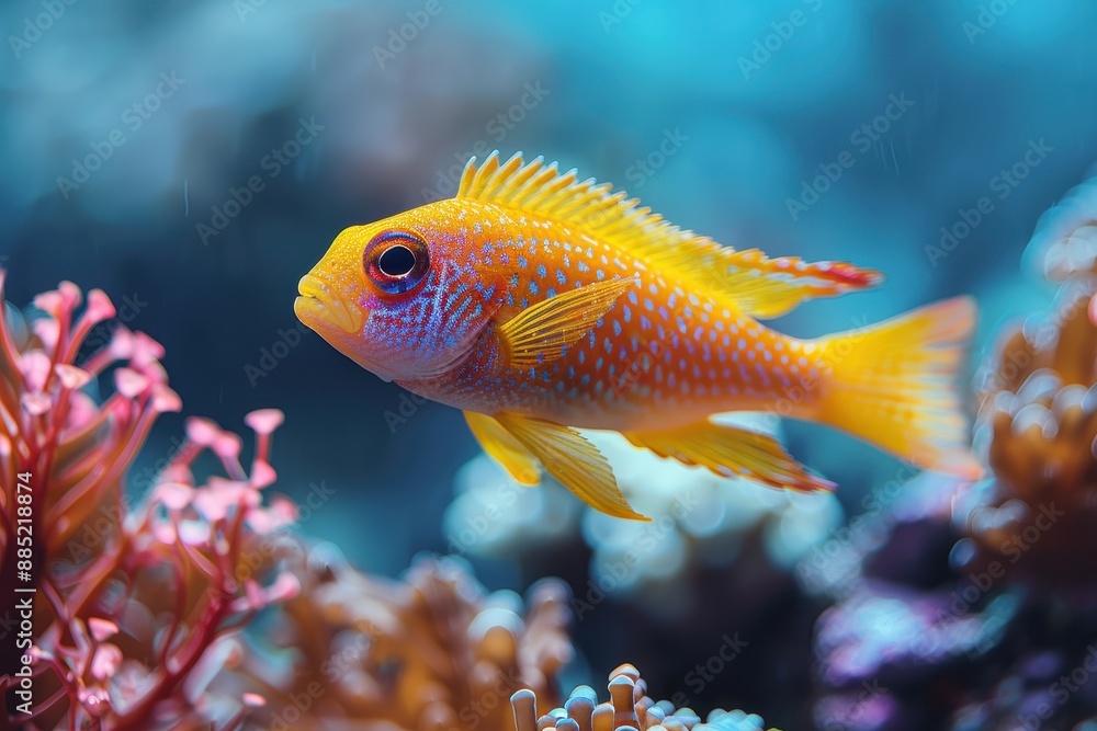 Obraz premium Baby Fish: A bright, colorful baby fish, swimming among coral reefs in the ocean.