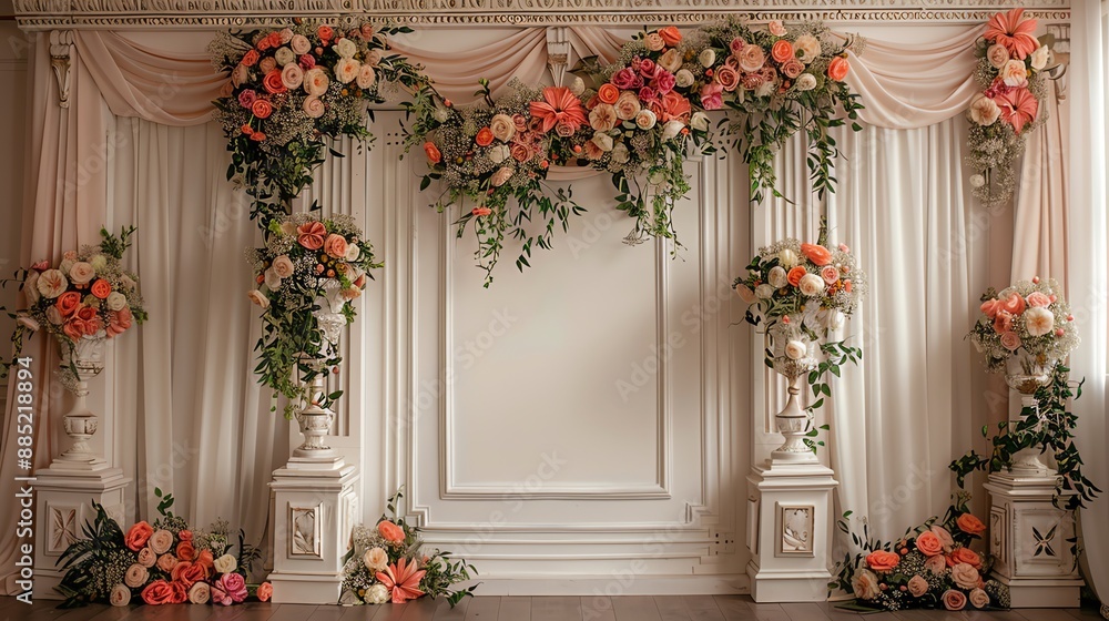 Elegant floral backdrop with white curtains and ornate pedestals. Elegant floral backdrop with white curtains and ornate pedestals.