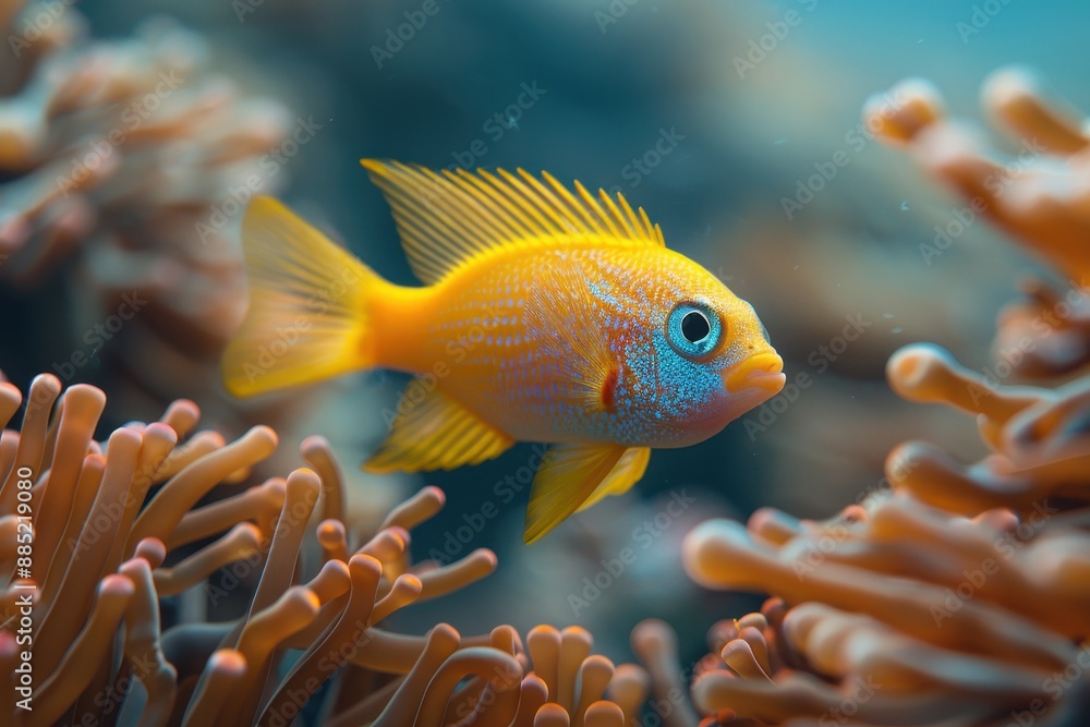 Baby Fish: A bright, colorful baby fish, swimming among coral reefs in the ocean. Baby Fish: A bright, colorful baby fish, swimming among coral reefs in the ocean.