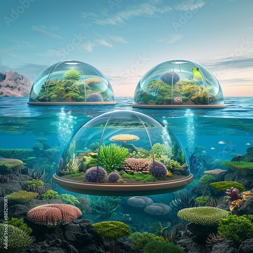 A futuristic coastal ecosystem with robotic sea urchins and AImonitored fauna, set in a hightech marine environment, Futuristic, 3D Rendering photo