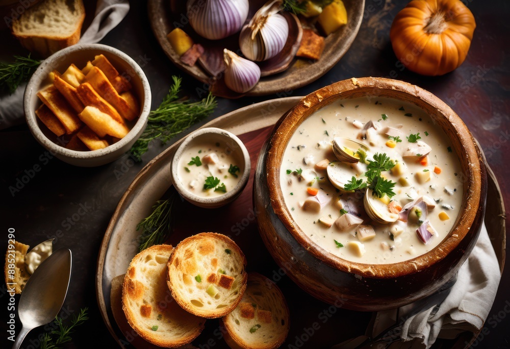 delicious steaming clam chowder edible sourdough bowl table setting, bread, seafood, cuisine, creamy, soup, hot, appetizer, traditional, homemade, dish delicious steaming clam chowder edible sourdough bowl table setting, bread, seafood, cuisine, creamy, soup, hot, appetizer, traditional, homemade, dish