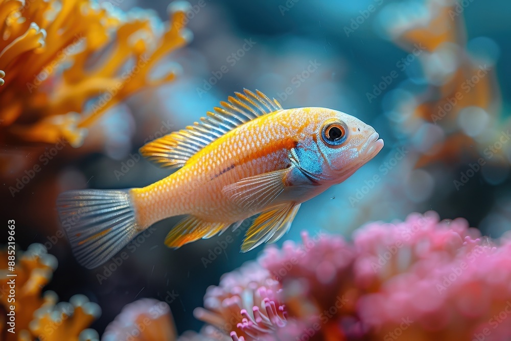 Baby Fish: A bright, colorful baby fish, swimming among coral reefs in the ocean. Baby Fish: A bright, colorful baby fish, swimming among coral reefs in the ocean.
