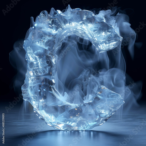 Abstract 3D render letter C made of block of ice on dark blue grey background. Logo Letter C from ice block with steam around. Design clipart element. Poster, Wallpaper. 3D illustration render. photo