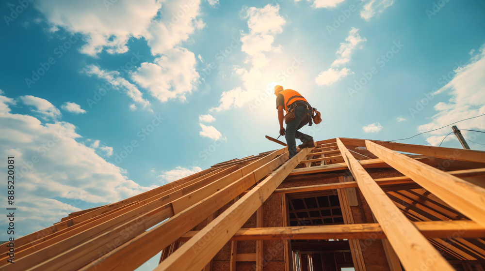 Construction worker in safety gear working on roof framework under a sunny sky. Construction worker in safety gear working on roof framework under a sunny sky.
