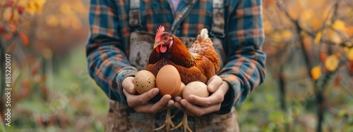 modern farmer holding chicken and eggs. selective focus