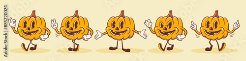 Halloween Groovy Pumpkin Retro Characters Set. Cartoon Spooky Jack O Lantern Personage Collection. Vector Autumn Holiday Mascot Templates. Happy Vintage Cool Illustrations Isolated