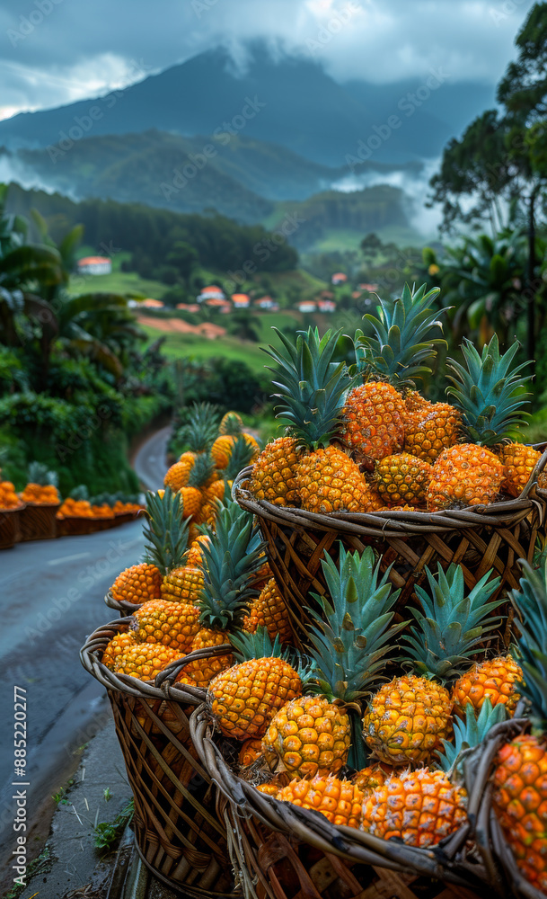 Pineapples on a Roadside in a Mountainous Region. A roadside lined with baskets of ripe pineapples, with a mountainous landscape in the background. Pineapples on a Roadside in a Mountainous Region. A roadside lined with baskets of ripe pineapples, with a mountainous landscape in the background.