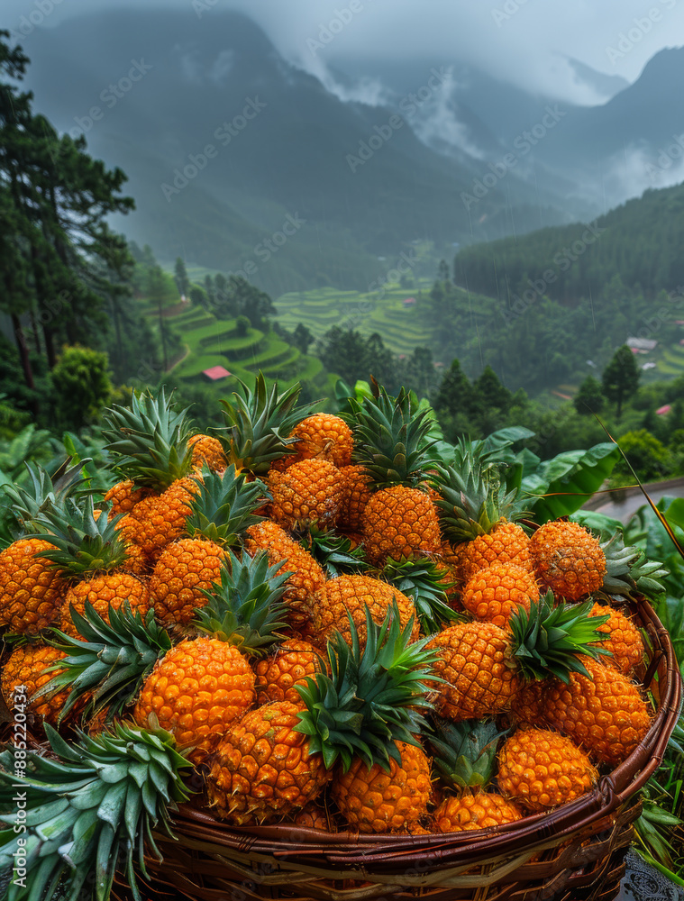 Pineapples In A Basket With Mountain View. A basket full of pineapples sits on a hill overlooking a lush green valley and misty mountains. Pineapples In A Basket With Mountain View. A basket full of pineapples sits on a hill overlooking a lush green valley and misty mountains.