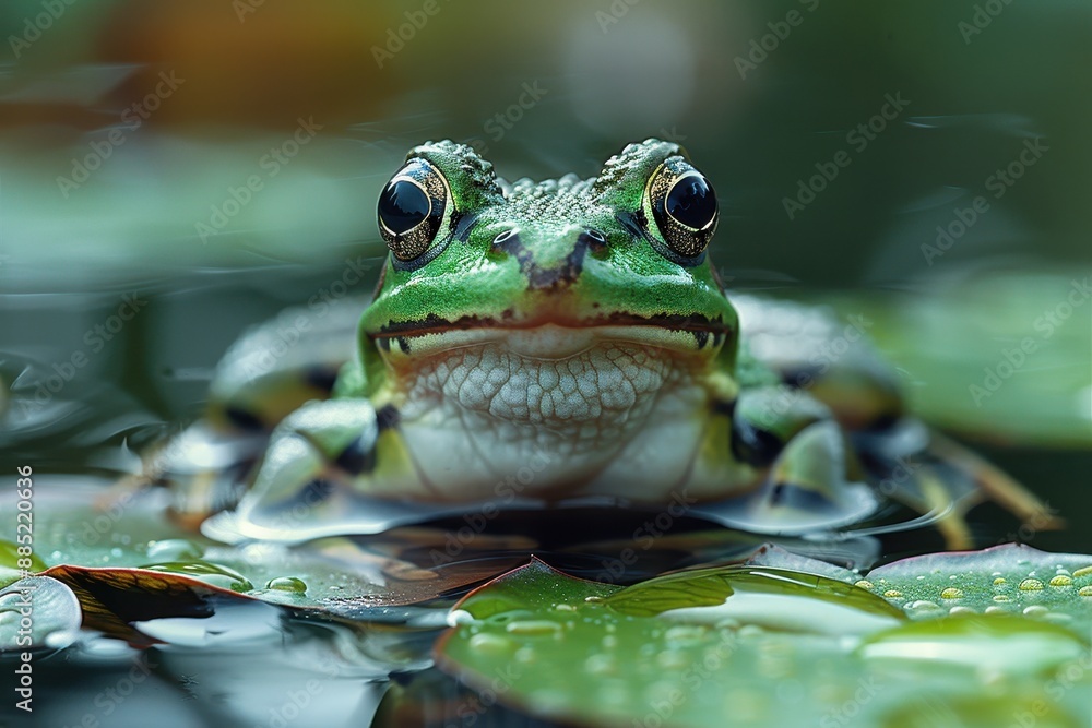 Baby Frog: A tiny green froglet, sitting on a lily pad in a pond. Baby Frog: A tiny green froglet, sitting on a lily pad in a pond.