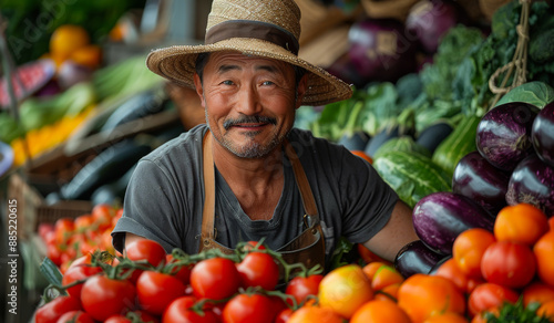 Farmer Selling Produce at Market. A farmer smiles at the camera as he sits surrounded by colorful produce at a market.