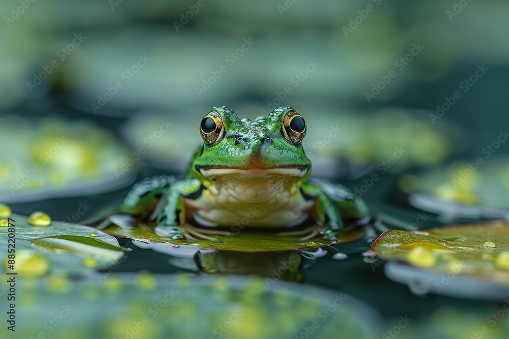 Baby Frog: A tiny green froglet, sitting on a lily pad in a pond. Baby Frog: A tiny green froglet, sitting on a lily pad in a pond.