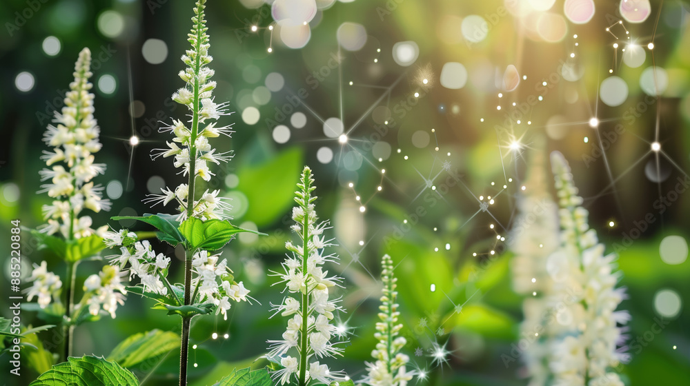 Black Cohosh Reducing Menopause Symptoms and Balancing Hormones, Concept of Health with Reduced Hot Flashes and Hologram Black Cohosh Reducing Menopause Symptoms and Balancing Hormones, Concept of Health with Reduced Hot Flashes and Hologram