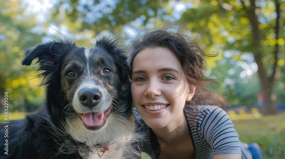 Young woman and Border Collie dog smiling in a park with green trees in the background Young woman and Border Collie dog smiling in a park with green trees in the background