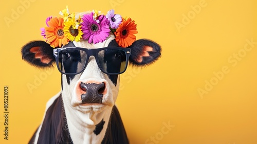 A cow wearing sunglasses and a flower crown looks at the camera. © Pixel