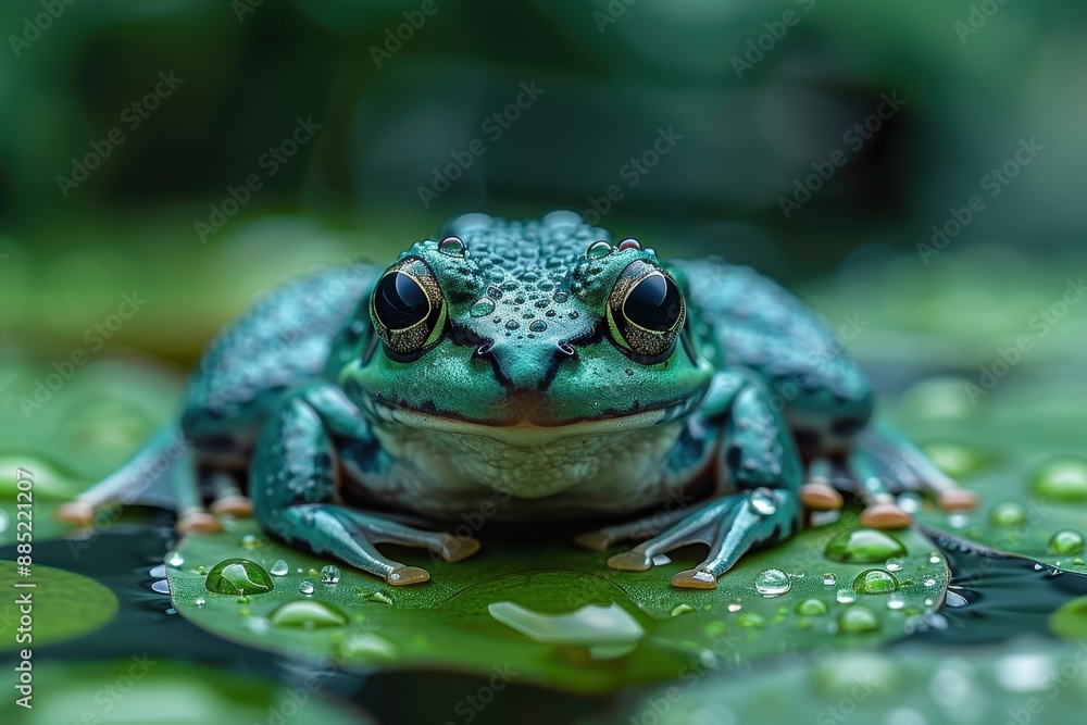 Baby Frog: A tiny green froglet, sitting on a lily pad in a pond. Baby Frog: A tiny green froglet, sitting on a lily pad in a pond.