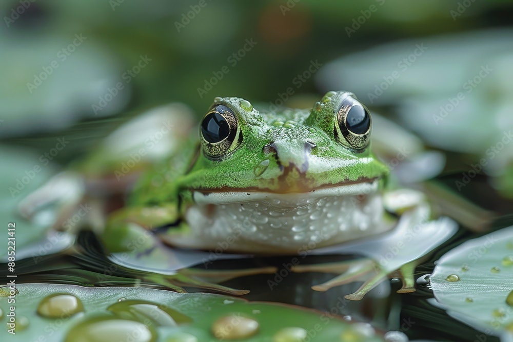 Baby Frog: A tiny green froglet, sitting on a lily pad in a pond. Baby Frog: A tiny green froglet, sitting on a lily pad in a pond.