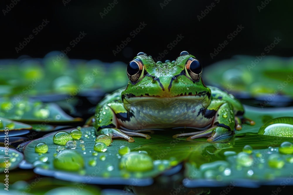 Obraz premium Baby Frog: A tiny green froglet, sitting on a lily pad in a pond. 