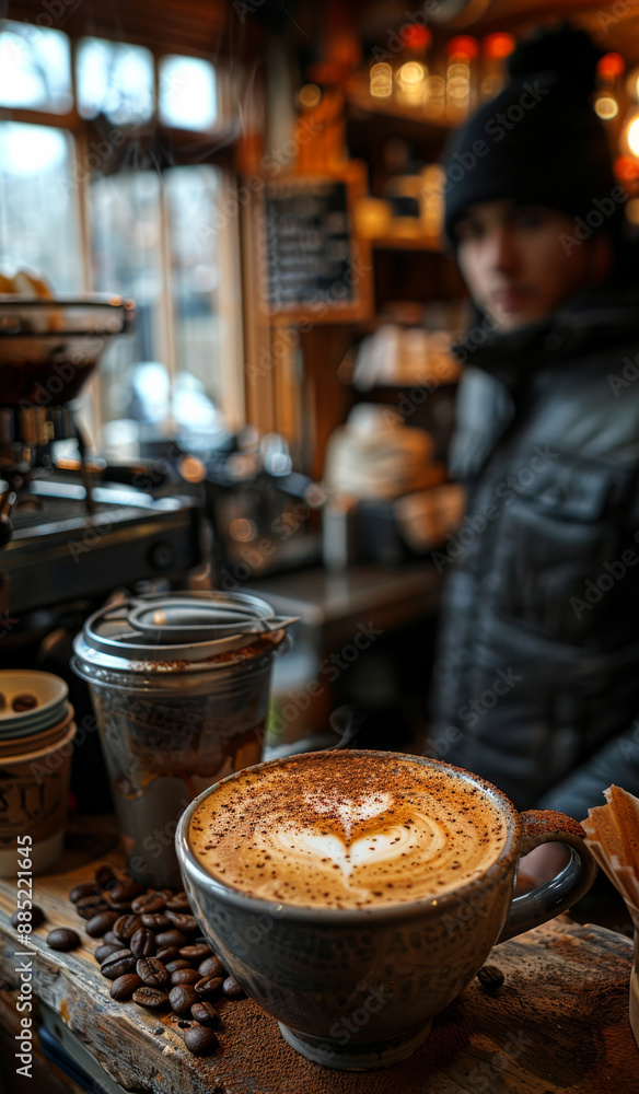 Fototapeta premium Cappuccino With Heart Design in Coffee Shop. A steaming cappuccino with a heart design in the foam sits on a wooden counter in a coffee shop