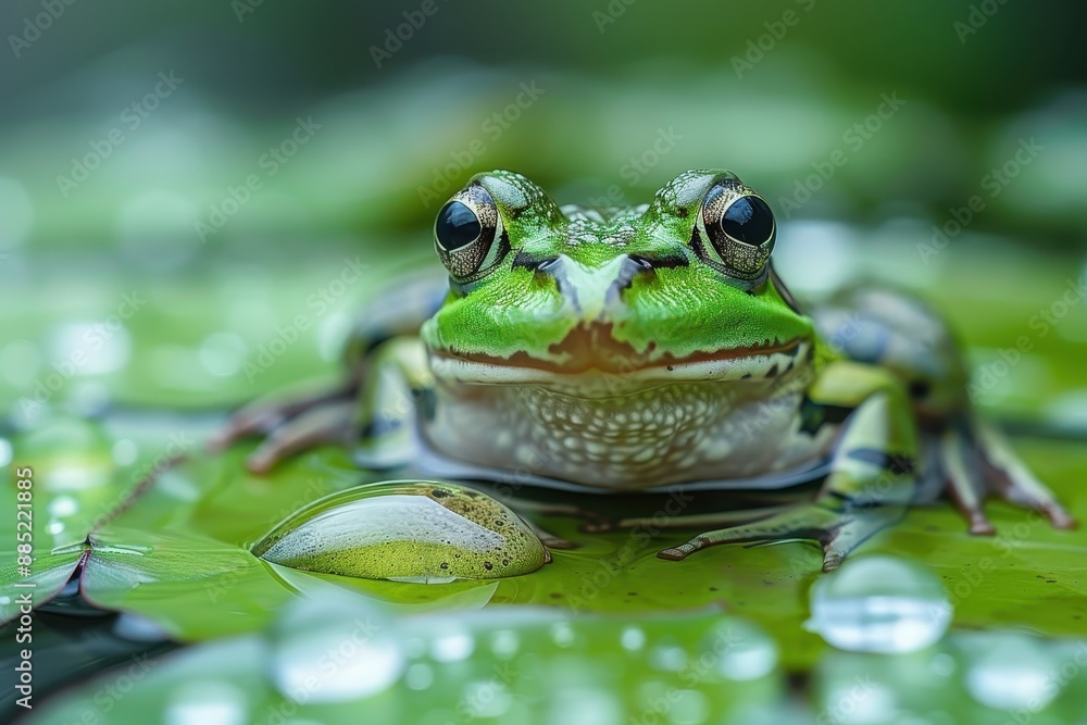 Baby Frog: A tiny green froglet, sitting on a lily pad in a pond. Baby Frog: A tiny green froglet, sitting on a lily pad in a pond.