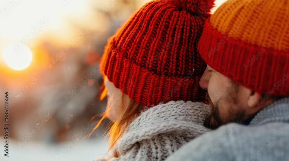 Dressed warmly in bright red and orange knit hats, a couple enjoys the winter sunset, their breath visible in the cold air as they embrace the beauty of a snow-covered landscape. Dressed warmly in bright red and orange knit hats, a couple enjoys the winter sunset, their breath visible in the cold air as they embrace the beauty of a snow-covered landscape.