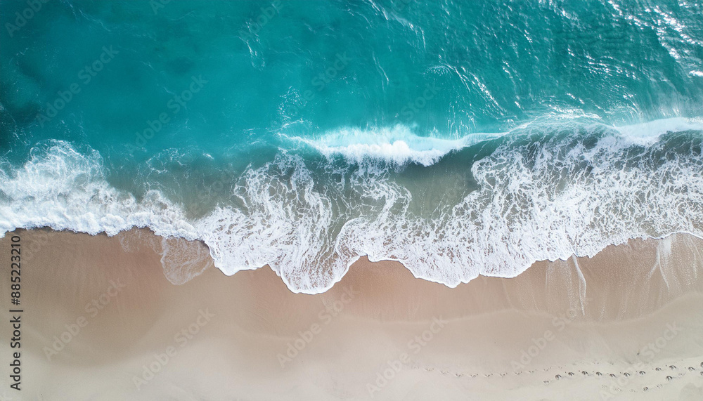 Aerial drone view or top view perspective photography of a beautiful transparent clear sea or ocean waves and foam splashing on the wite sand beach Aerial drone view or top view perspective photography of a beautiful transparent clear sea or ocean waves and foam splashing on the wite sand beach