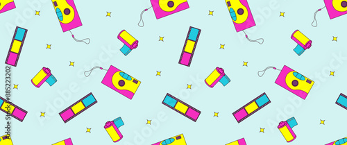 Seamless pattern with 90s retro elements, photo objects