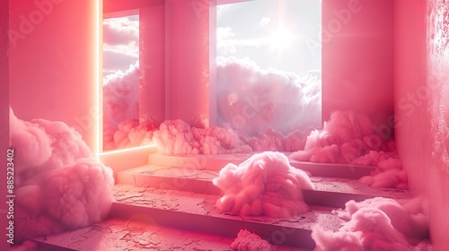 Pink neon atmospere room with a window steps and clouds, modern concep of stariway to heaven, blissfull enviroment and trending rooms  photo