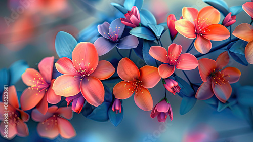 Fototapeta Naklejka Na Ścianę i Meble -  Elegant colorful with vibrant flower hanging branches illustration background. Bright color 3d abstraction wallpaper for interior mural, Generated by AI	