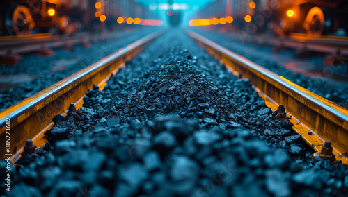 Train Tracks Close-Up. Close-up of train tracks with gravel below steel rails. Tracks stretch into the distance with blurred train cars in background photo