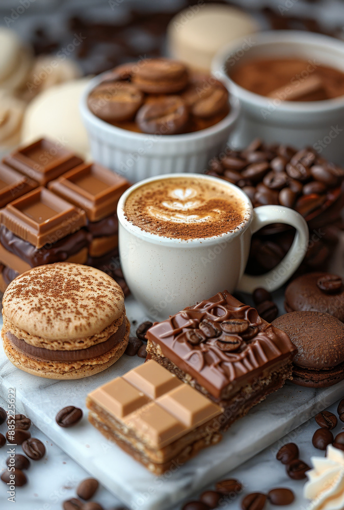 Coffee and Chocolate Treats. A cup of cappuccino with a latte art design sits on a marble surface with various chocolate treats, coffee beans, and macarons. Coffee and Chocolate Treats. A cup of cappuccino with a latte art design sits on a marble surface with various chocolate treats, coffee beans, and macarons.