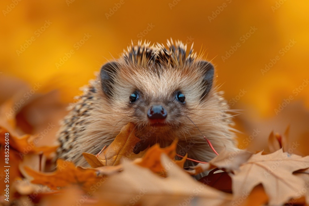 Baby Hedgehog: A prickly baby hedgehog, peeking out from a pile of leaves. Baby Hedgehog: A prickly baby hedgehog, peeking out from a pile of leaves.