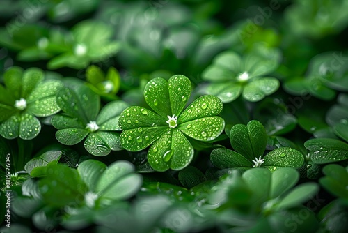 Macro shot of a wet four-leaf clover glistening in the sunlight. photo