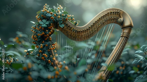 a painting of a golden harp in a forest. photo