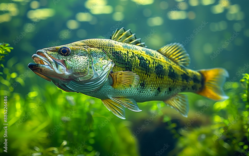 A large fish with a black and yellow pattern swims in a green pond A large fish with a black and yellow pattern swims in a green pond