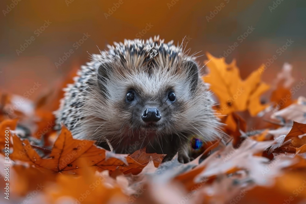Fototapeta premium Baby Hedgehog: A prickly baby hedgehog, peeking out from a pile of leaves.