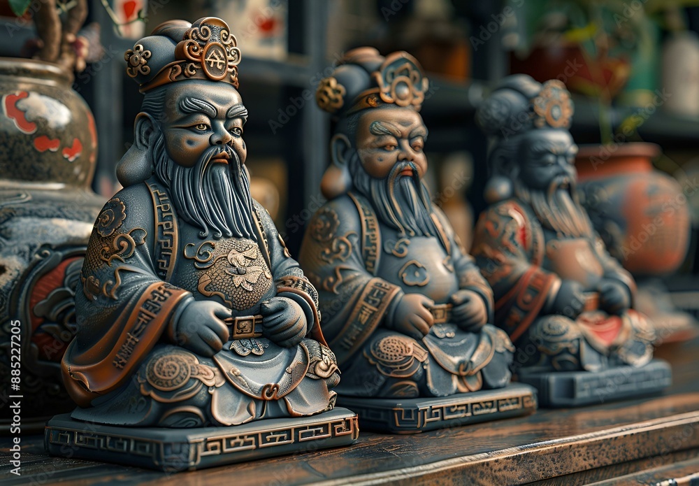 A row of stone statues of men standing in a straight line. A row of stone statues of men standing in a straight line.