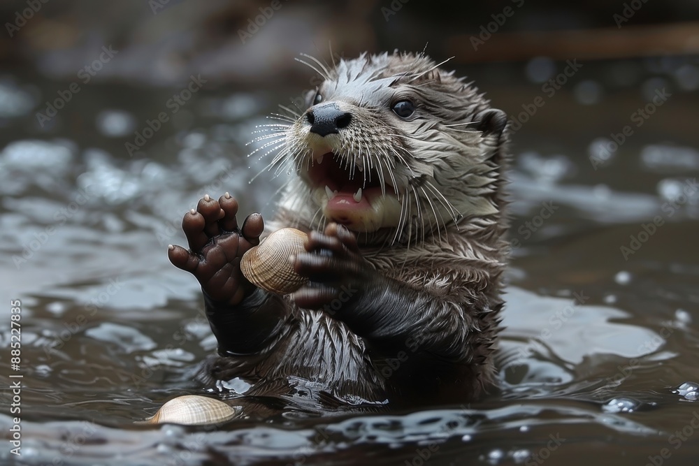 Baby Otter: A playful baby otter, floating on its back in a river, holding a clam. Baby Otter: A playful baby otter, floating on its back in a river, holding a clam.