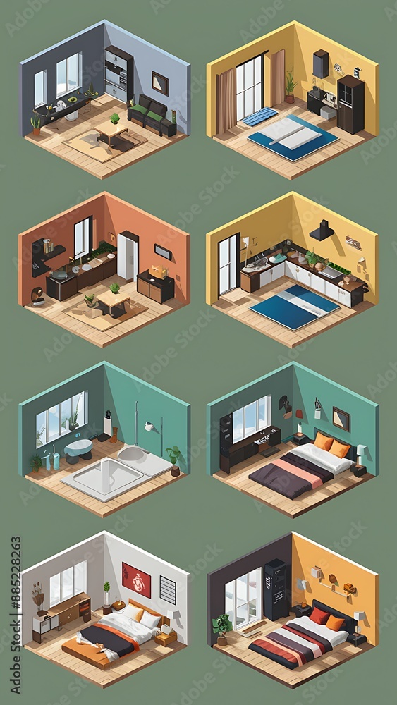 Isometric rooms. Designed house, living room kitchen bathroom bedroom toilet apartment interior with furniture 3d vector set. Kitchen isometric room Isometric rooms. Designed house, living room kitchen bathroom bedroom toilet apartment interior with furniture 3d vector set. Kitchen isometric room