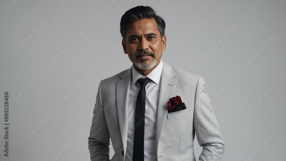Father of groom wearing casual suit model posing on plain white background Father of groom wearing casual suit model posing on plain white background