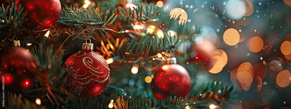 Christmas toys on the Christmas tree close-up. Selective focus Christmas toys on the Christmas tree close-up. Selective focus