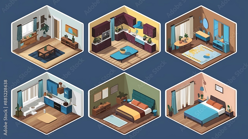 Isometric rooms. Designed house, living room kitchen bathroom bedroom toilet apartment interior with furniture 3d vector set. Kitchen isometric room Isometric rooms. Designed house, living room kitchen bathroom bedroom toilet apartment interior with furniture 3d vector set. Kitchen isometric room
