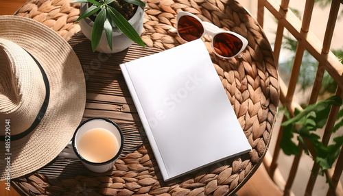Mock-up of a white magazine cover. Summer vacation themed.