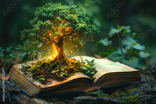 A tree is growing out of an open book. The tree is surrounded by leaves and branches, and it is glowing.